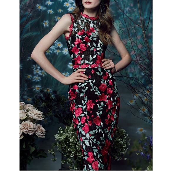 Marchesa Black Pink Floral Column Dress Embroidered Back Zip Sleeveless Sz 0 - Picture 2 of 12